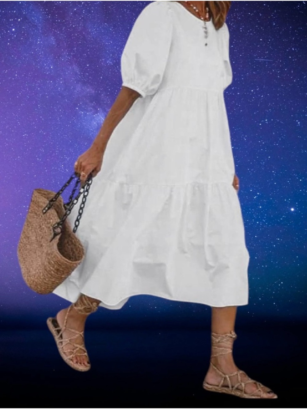 White Puff-Sleeve Tiered Midi Dress - Casual Summer Dress